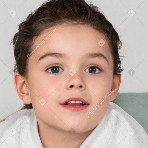 Joyful white child female with short  brown hair and brown eyes