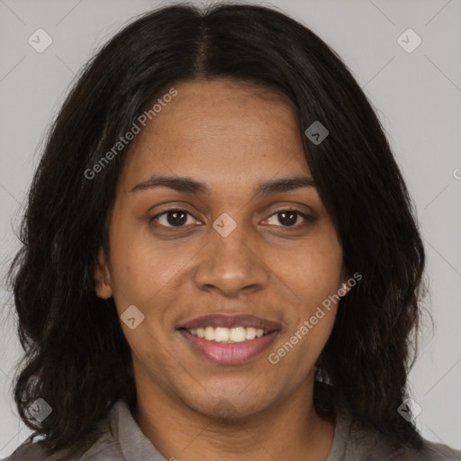 Joyful black young-adult female with medium  brown hair and brown eyes