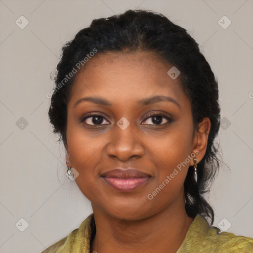 Joyful black young-adult female with medium  black hair and brown eyes