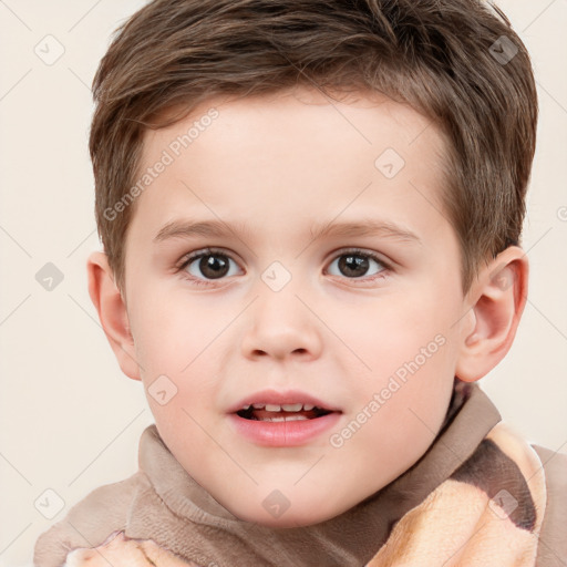 Joyful white child male with short  brown hair and brown eyes