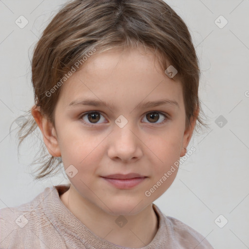 Joyful white child female with medium  brown hair and brown eyes