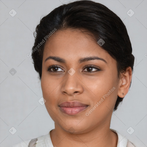 Joyful latino young-adult female with medium  black hair and brown eyes