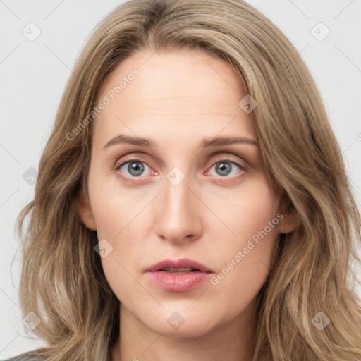 Neutral white young-adult female with long  brown hair and blue eyes