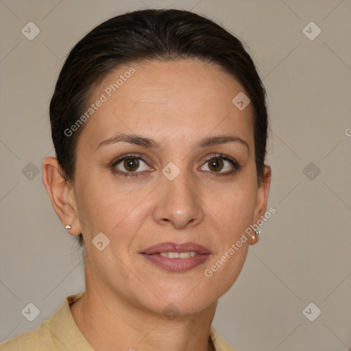 Joyful white adult female with short  brown hair and brown eyes