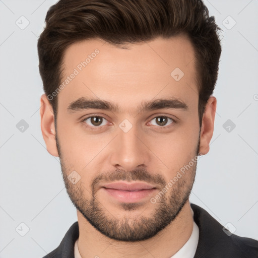 Joyful white young-adult male with short  brown hair and brown eyes