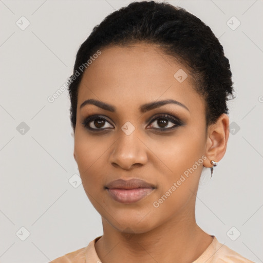 Joyful latino young-adult female with short  black hair and brown eyes