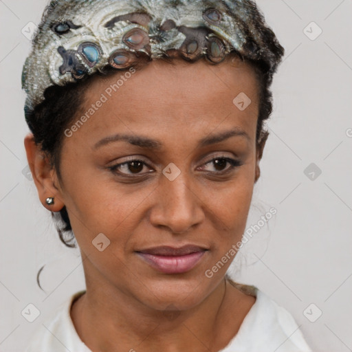 Joyful latino young-adult female with short  brown hair and brown eyes