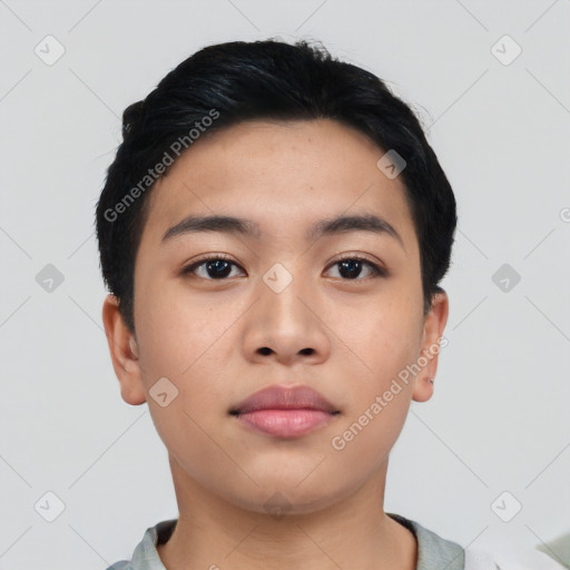 Neutral asian young-adult female with short  black hair and brown eyes