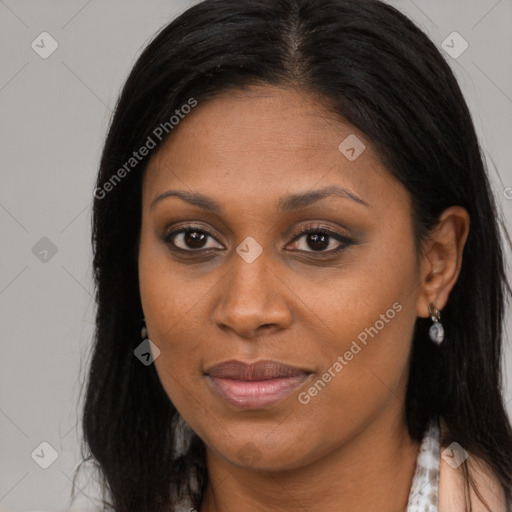 Joyful asian young-adult female with long  brown hair and brown eyes