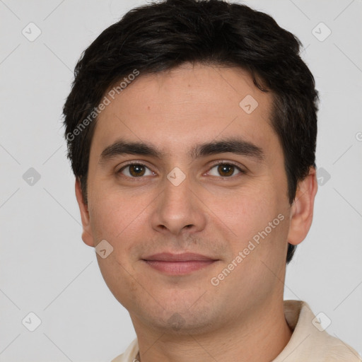 Neutral white young-adult male with short  brown hair and brown eyes