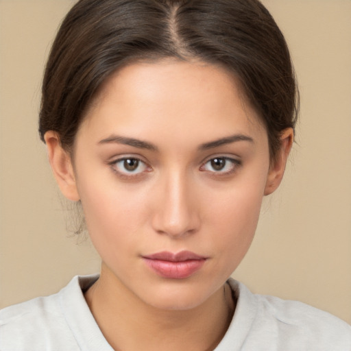 Neutral white young-adult female with medium  brown hair and brown eyes