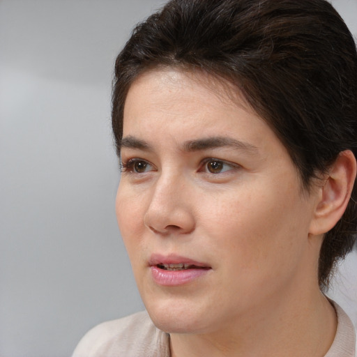 Neutral white young-adult female with short  brown hair and brown eyes