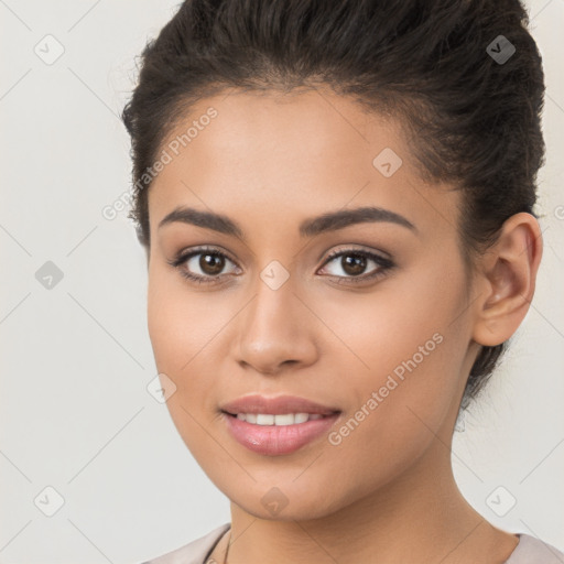 Joyful latino young-adult female with long  brown hair and brown eyes