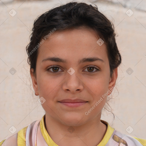 Joyful white child female with short  brown hair and brown eyes