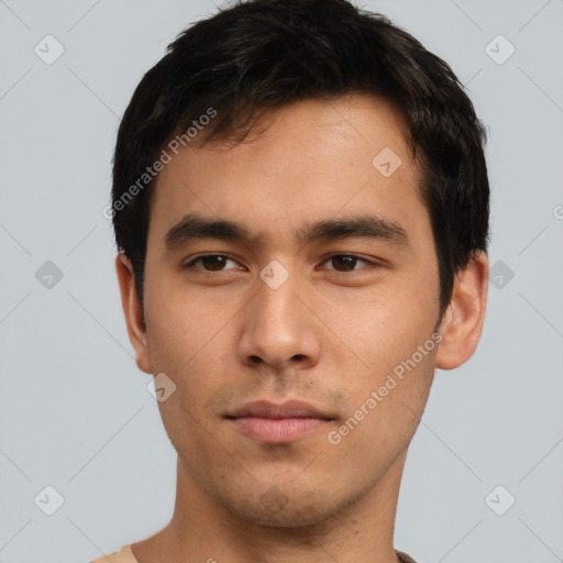 Neutral asian young-adult male with short  brown hair and brown eyes