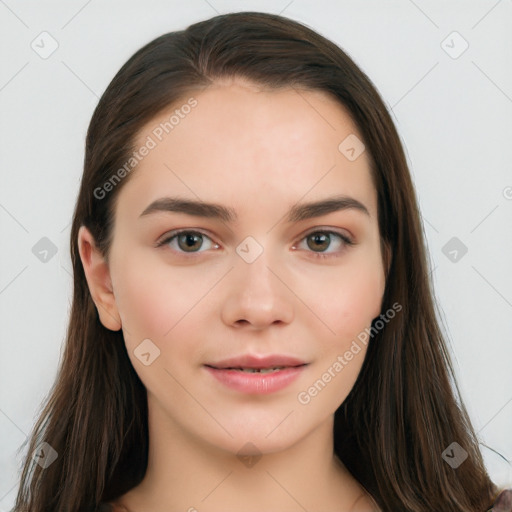 Neutral white young-adult female with long  brown hair and brown eyes