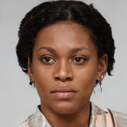 Neutral black young-adult female with short  brown hair and brown eyes