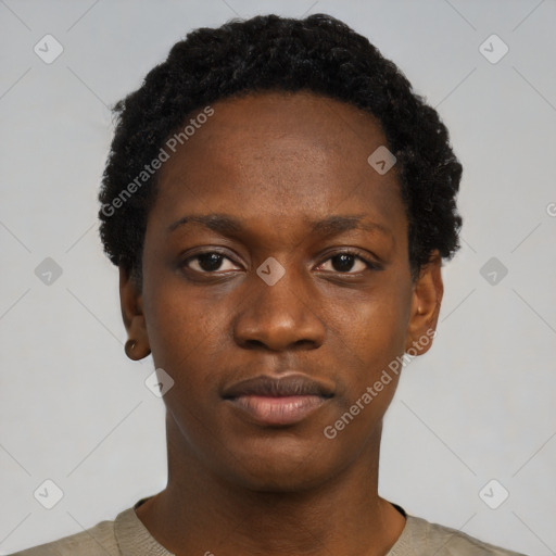 Neutral black young-adult female with short  black hair and brown eyes