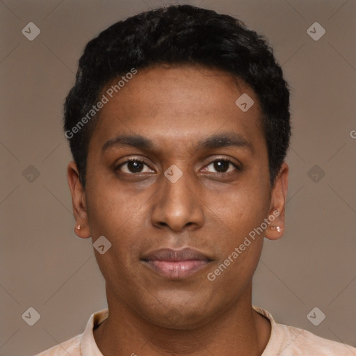 Neutral latino young-adult male with short  black hair and brown eyes