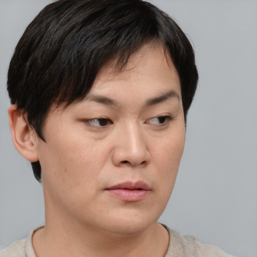Neutral asian young-adult male with short  brown hair and brown eyes