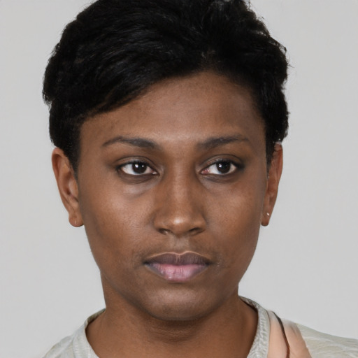 Neutral black young-adult female with short  black hair and brown eyes