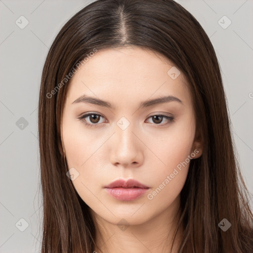 Neutral white young-adult female with long  brown hair and brown eyes