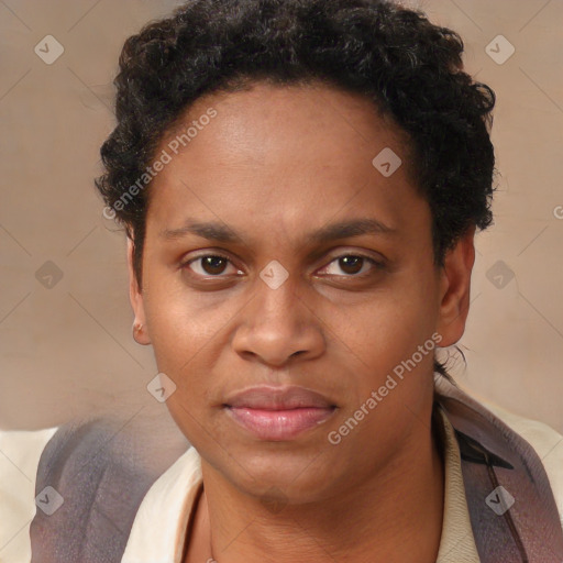 Neutral black adult female with short  brown hair and brown eyes