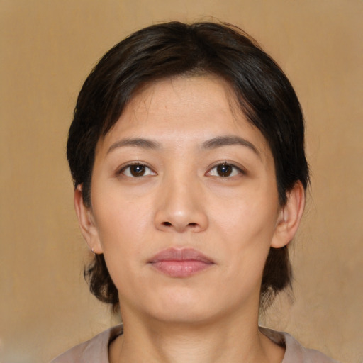 Neutral asian young-adult female with medium  brown hair and brown eyes