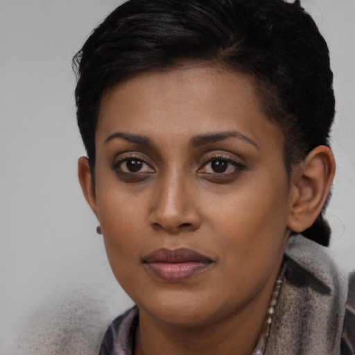 Neutral black young-adult female with short  brown hair and brown eyes