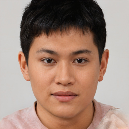 Neutral asian young-adult male with short  brown hair and brown eyes