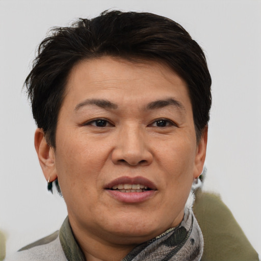 Joyful asian adult female with short  brown hair and brown eyes