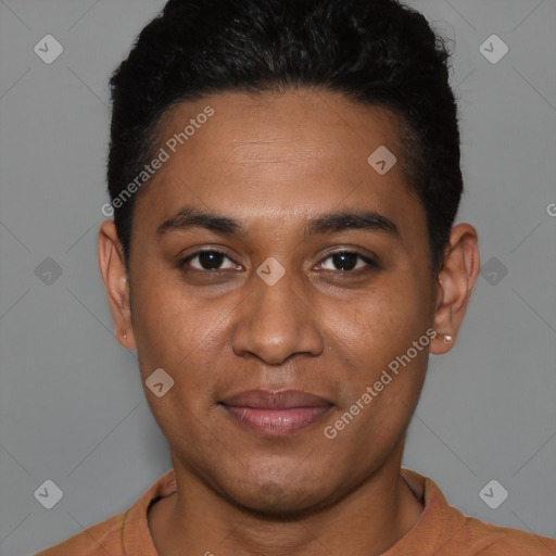 Joyful latino young-adult male with short  brown hair and brown eyes