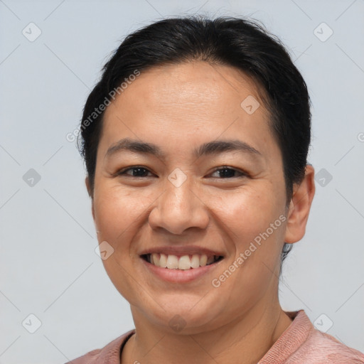 Joyful white young-adult female with short  brown hair and brown eyes