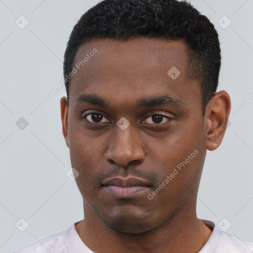 Neutral black young-adult male with short  black hair and brown eyes