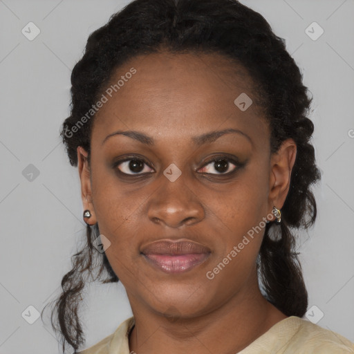 Joyful black young-adult female with medium  brown hair and brown eyes