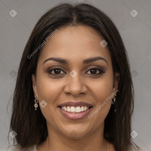 Joyful white young-adult female with long  brown hair and brown eyes