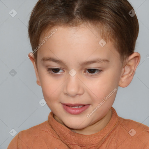 Joyful white child female with short  brown hair and brown eyes