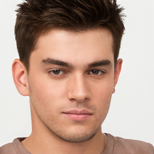 Neutral white young-adult male with short  brown hair and brown eyes