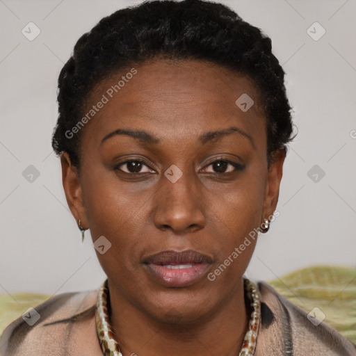 Neutral latino young-adult female with short  brown hair and brown eyes