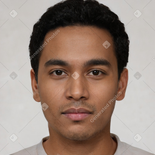 Neutral latino young-adult male with short  black hair and brown eyes