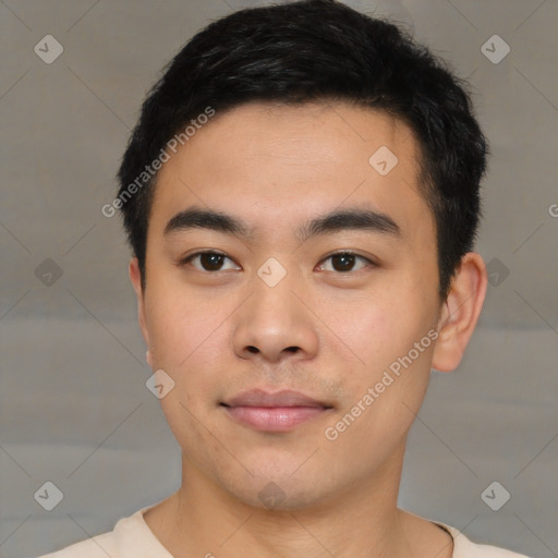 Neutral asian young-adult male with short  black hair and brown eyes