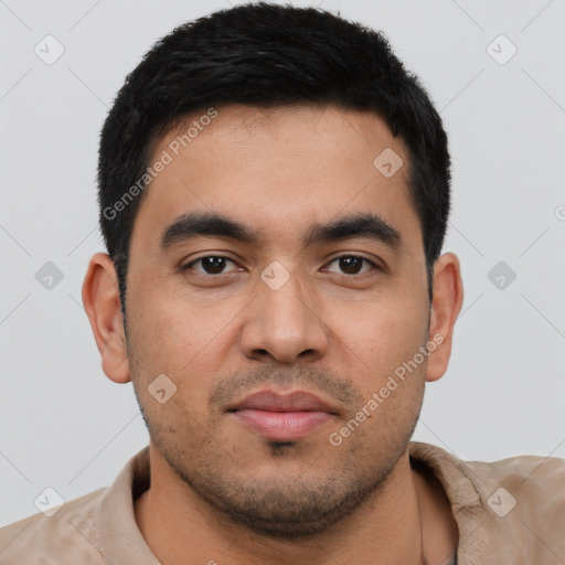 Neutral asian young-adult male with short  black hair and brown eyes