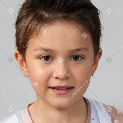 Joyful white child female with short  brown hair and brown eyes