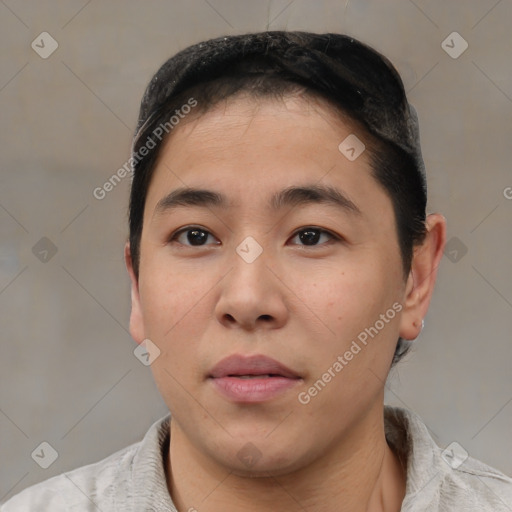 Neutral asian young-adult male with short  brown hair and brown eyes