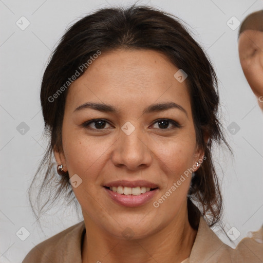 Joyful latino young-adult female with medium  brown hair and brown eyes