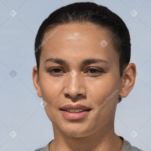 Joyful white young-adult female with short  brown hair and brown eyes