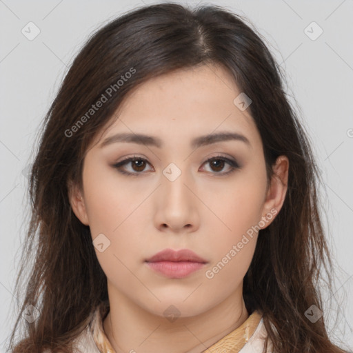 Neutral asian young-adult female with long  brown hair and brown eyes