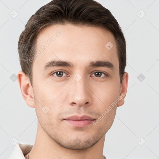 Neutral white young-adult male with short  brown hair and brown eyes