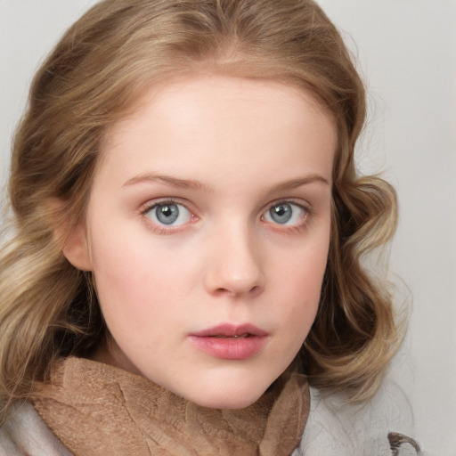 Neutral white child female with medium  brown hair and blue eyes