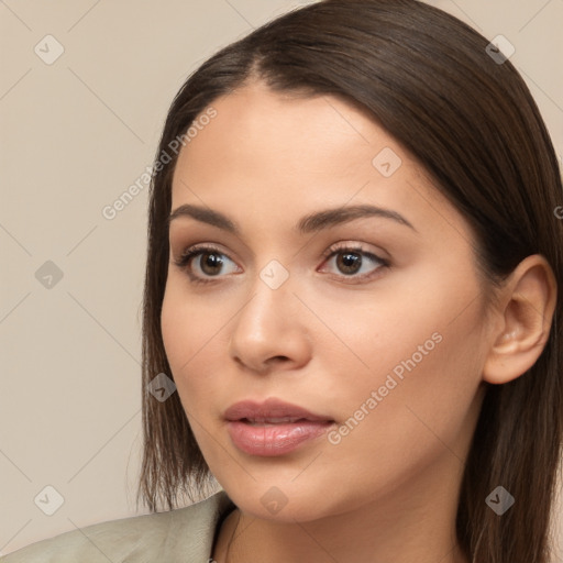 Neutral white young-adult female with long  brown hair and brown eyes